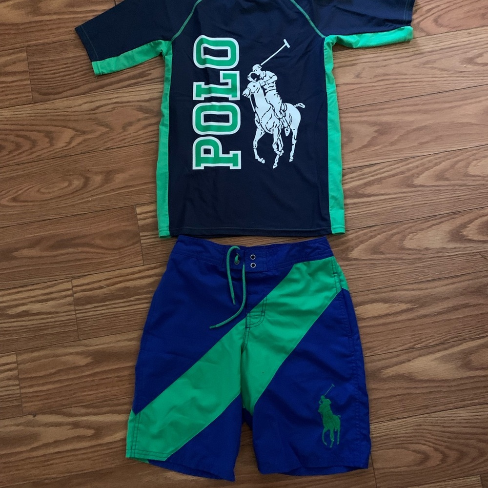 Ralph Lauren boys swimsuit set rash guard size large and swim trunks size medium